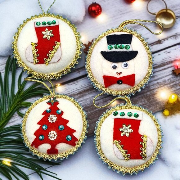 Vintage 1960s Felt Christmas Ornaments Stocking Tree Snowman Sequins Gold Trim - Picture 1 of 12